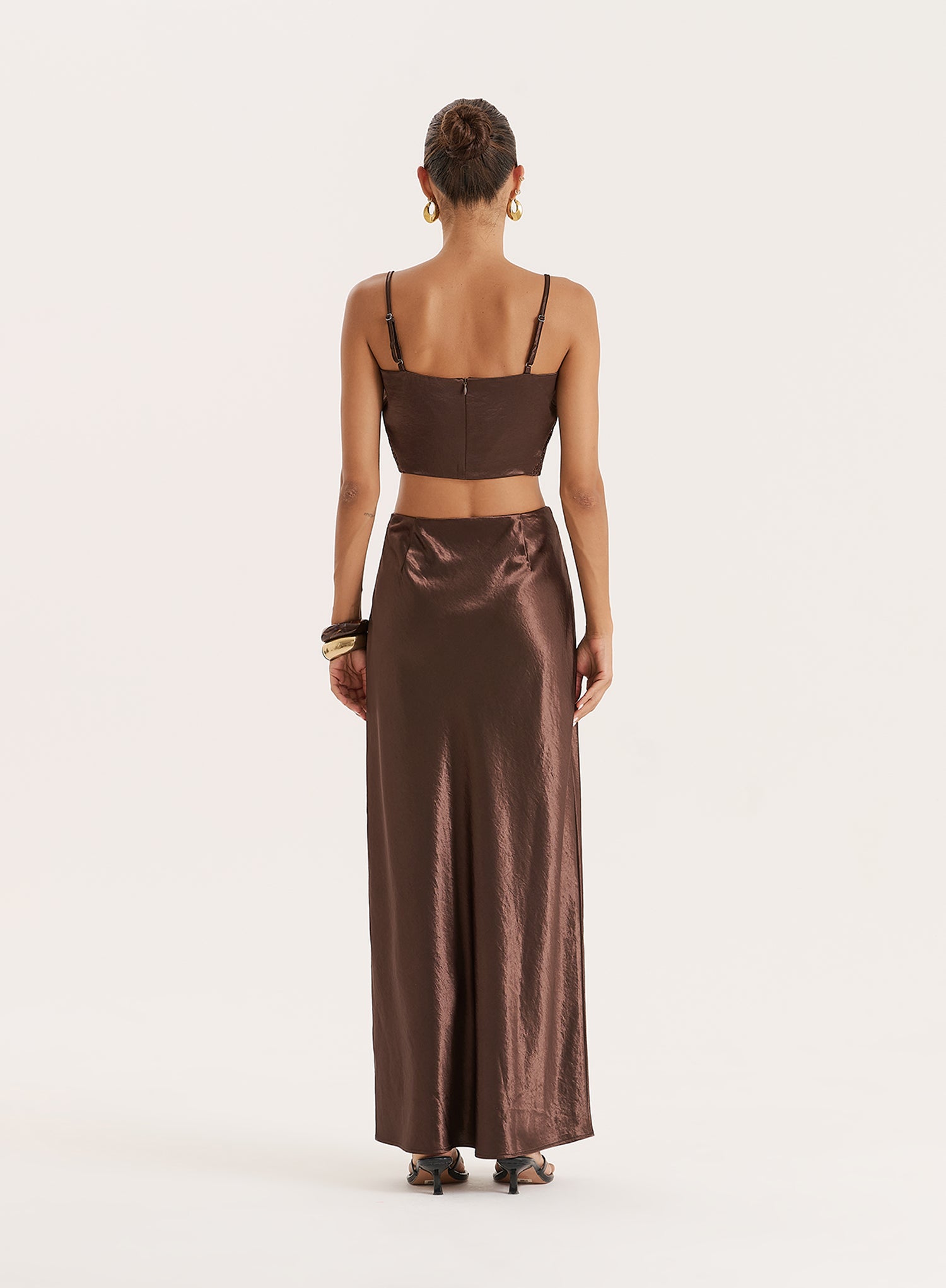 Chocolate Satin Crochet Panelled Maxi Skirt